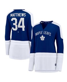 Женская сине-белая футболка Auston Matthews Toronto Maple Leafs Power Player с длинным рукавом с вырезом и вырезом Fanatics