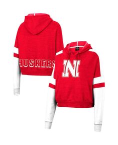 Женский укороченный пуловер с капюшоном Scarlet Nebraska Huskers Throwback Stripe Arch Logo Colosseum