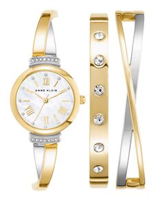 Женский браслет из сплава золотистого и серебристого цвета с хрустальными акцентами, модные часы, 33 мм, набор из 3 предметов Anne Klein