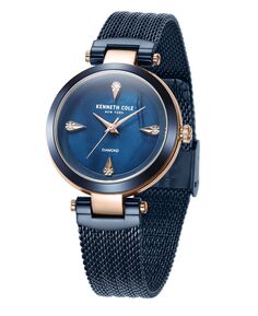 Женские часы с синим сетчатым браслетом из нержавеющей стали с бриллиантовым циферблатом, 34 мм Kenneth Cole New York, синий