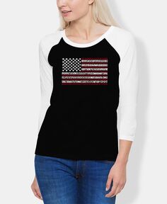 Женская футболка реглан с флагом 50 штатов США и надписью Word Art LA Pop Art