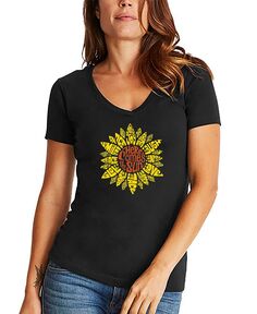 Женская футболка с v-образным вырезом и надписью Sunflower Word Art LA Pop Art, черный