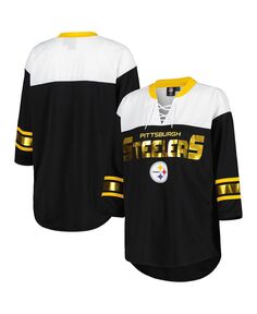 Женская черно-белая футболка Pittsburgh Steelers Double Team 3 с 4 рукавами на шнуровке G-III 4Her by Carl Banks
