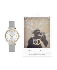 Женские аналоговые часы из металлического сплава серебристого цвета с сеткой, 33 мм, подарочный набор с ожерельем и серьгами, 3 предмета Jessica Carlyle, серебро