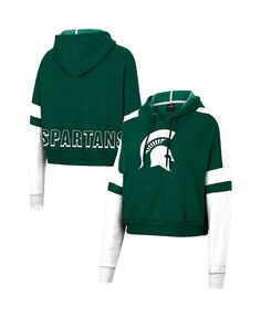 Женский укороченный пуловер с капюшоном с логотипом Heather Green Michigan State Spartans Throwback Stripe Arch Logo Colosseum