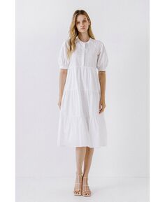 Женское платье миди с короткими рукавами-фонариками English Factory, белый