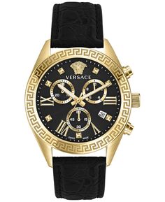 Женские часы с хронографом Greca, черный кожаный ремешок, 40 мм Versace