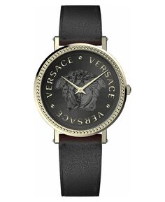 Женские швейцарские часы V-Dollar с черным кожаным ремешком, 37 мм Versace