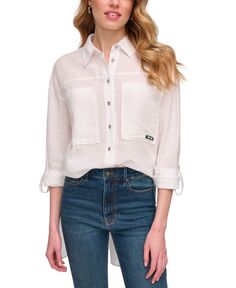 Женская рубашка с высоким и низким вырезом на пуговицах и закатанными рукавами DKNY Jeans, белый