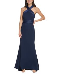 Женское атласное платье с креповой спиной и бретелькой на шее, с запахом и вырезом Eliza J, темно-синий