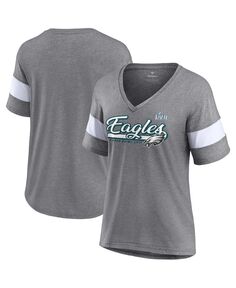 Женская фирменная футболка цвета Хизер серого цвета с v-образным вырезом и полурукавами Philadelphia Eagles Super Bowl LVII Raise The Bar Fanatics