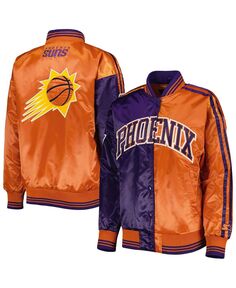 Женская атласная университетская куртка с длинными кнопками фиолетового и оранжевого цвета Phoenix Suns с разрезом и цветными блоками Starter