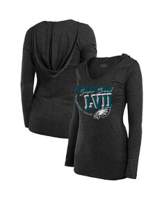 Черная женская футболка с капюшоном Philadelphia Eagles Super Bowl LVII High Tide Tri-Blend с v-образным вырезом и длинными рукавами Majestic, черный