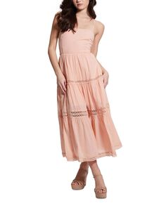 Женское многоуровневое платье макси со шнуровкой и кружевной отделкой GUESS