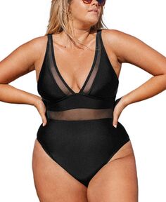 Женский цельный купальник больших размеров с V-образным вырезом и прозрачным сетчатым купальным костюмом CUPSHE, черный