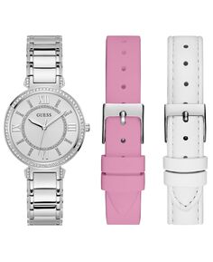 Женские аналоговые серебристые часы из нержавеющей стали с розовым, белым замшевым и кожаным ремешком, подарочный набор, 36 мм GUESS