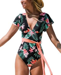 Женский цельный купальник с V-образным вырезом и рюшами, купальный костюм с тропическим цветочным принтом CUPSHE, черный