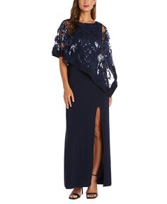 Женское платье-пончо из кружева и пайеток с цветочным принтом R &amp; M Richards, темно-синий