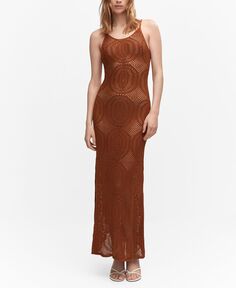 Женское длинное ажурное трикотажное платье MANGO, коричневый