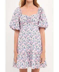 Женское мини-платье с цветочным принтом и пышными рукавами English Factory