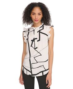 Женская блузка с полупланкой и рюшами на рукавах с принтом DKNY