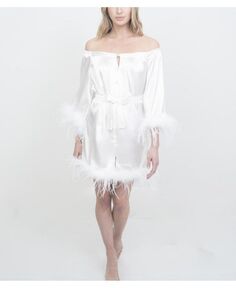 Женский свадебный халат с открытыми плечами и макияжем, отделка перьями на рукаве и подоле Le Laurier Bridal, белый