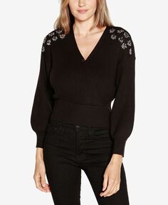 Женский свитер с заниженными плечами и запахом Black Label, декорированный Belldini, черный