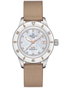 Женские швейцарские автоматические часы DS PH200M с бриллиантами (1/20 карата) бежевого цвета с синтетическим ремешком, 39 мм Certina, белый