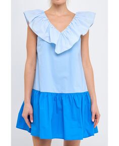Женское платье прямого кроя с цветными блоками и оборками English Factory, синий