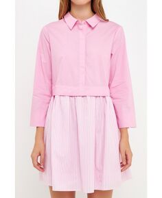 Женское мини-платье-рубашка в контрастную полоску English Factory, розовый