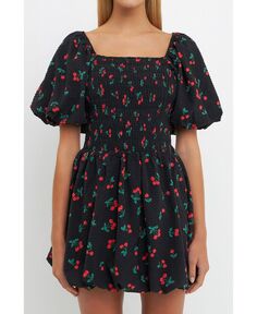 Женское присборенное мини-платье с вишневым принтом English Factory, черный