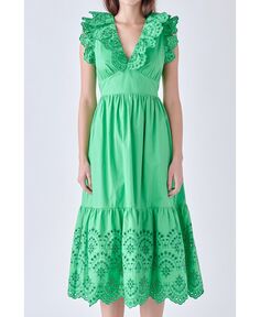 Женское платье миди с люверсами и фестонами English Factory, зеленый