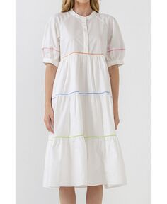 Женское платье с короткими рукавами-фонариками и окантовкой English Factory, белый