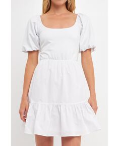 Женское платье смешанного цвета с пышными рукавами и бантом на спине English Factory, белый