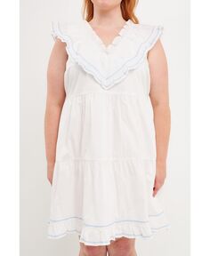 Женское мини-платье больших размеров с контрастной вышивкой и оборками English Factory, белый