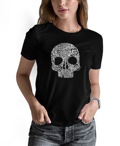 Женская футболка с короткими рукавами и цветочным принтом «Череп» LA Pop Art, черный
