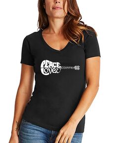 Женская футболка с v-образным вырезом и надписью Peace Love Country Word Art LA Pop Art, черный