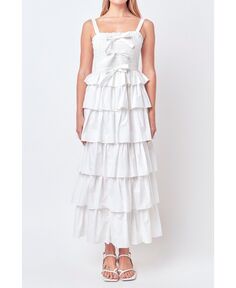 Женское многоярусное платье макси с рюшами и завязками English Factory, белый