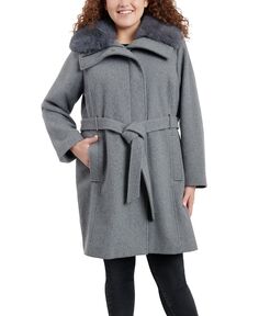 Женское пальто больших размеров на молнии с воротником из искусственного меха и поясом Michael Kors, серый