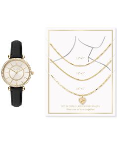 Женские часы с черным ремешком, 34 мм, 3 предмета. Подарочный набор ожерелья Jessica Carlyle, золотой