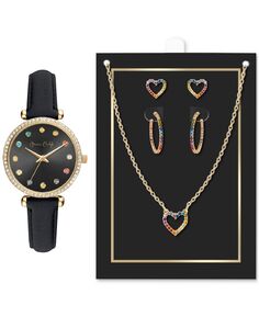 Женские часы с черным ремешком, 33 мм, подарочный набор украшений Jessica Carlyle, золотой