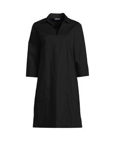 Женское платье из хлопкового поплина с рукавами 3/4 и разрезом на шее Lands&apos; End, черный
