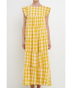 Женское фактурное многоярусное платье макси в мелкую клетку для куколки English Factory, желтый
