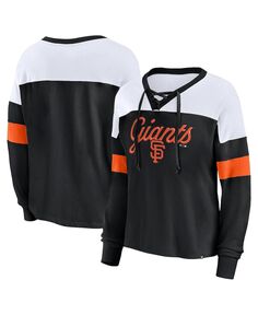 Женская черно-белая фирменная футболка San Francisco Giants Even Match со шнуровкой и длинным рукавом с v-образным вырезом Fanatics