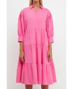 Женское платье миди с V-образным вырезом и пышными рукавами English Factory, розовый