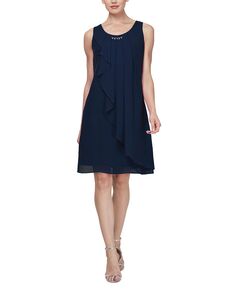 Шифоновое платье-футляр без рукавов с украшенным вырезом SL Fashions, темно-синий