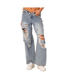Женские джинсы с отложной талией, рядным краем и потертыми деталями Edikted