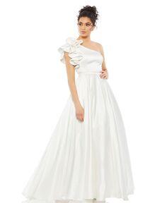 Женское атласное бальное платье оверсайз на одно плечо с рюшами MAC DUGGAL, белый