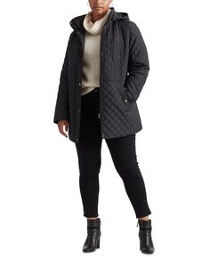 Женское стеганое пальто с капюшоном и отделкой из искусственной кожи больших размеров Lauren Ralph Lauren, черный