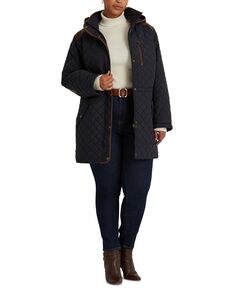 Женское стеганое пальто с капюшоном и отделкой из искусственной кожи больших размеров Lauren Ralph Lauren, синий